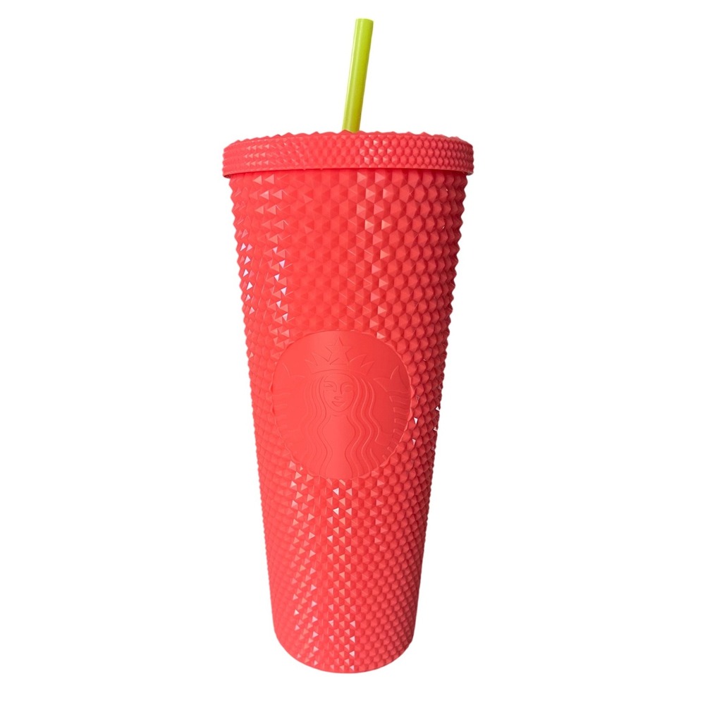 Starbucks Venti Studded Cold Cup Tumbler 24oz Neon Coral Guava Pink Lime Straw